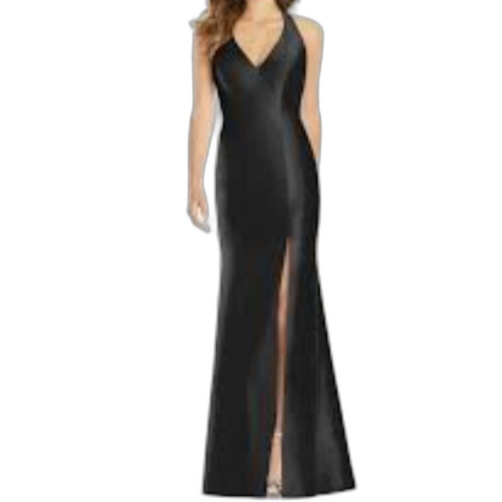 Alfred Sung Halter Satin Trumpet Gown Black Cutout Open Back Dress Size 8